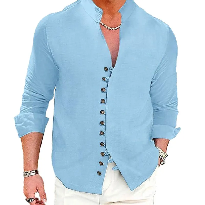 Men's Solid Stand Collar Single Breasted Long Sleeve Casual Shirt 32138227Z sold by Manly