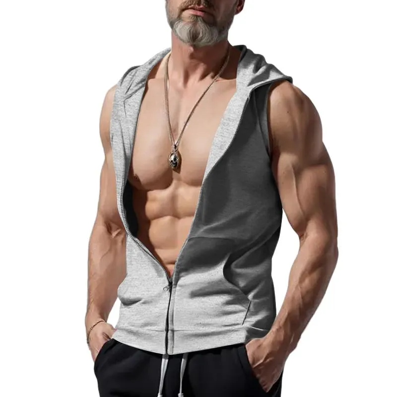 Men's Solid Color Hooded Cardigan Zipper Sleeveless Tank Top 05843798Y sold by Manly