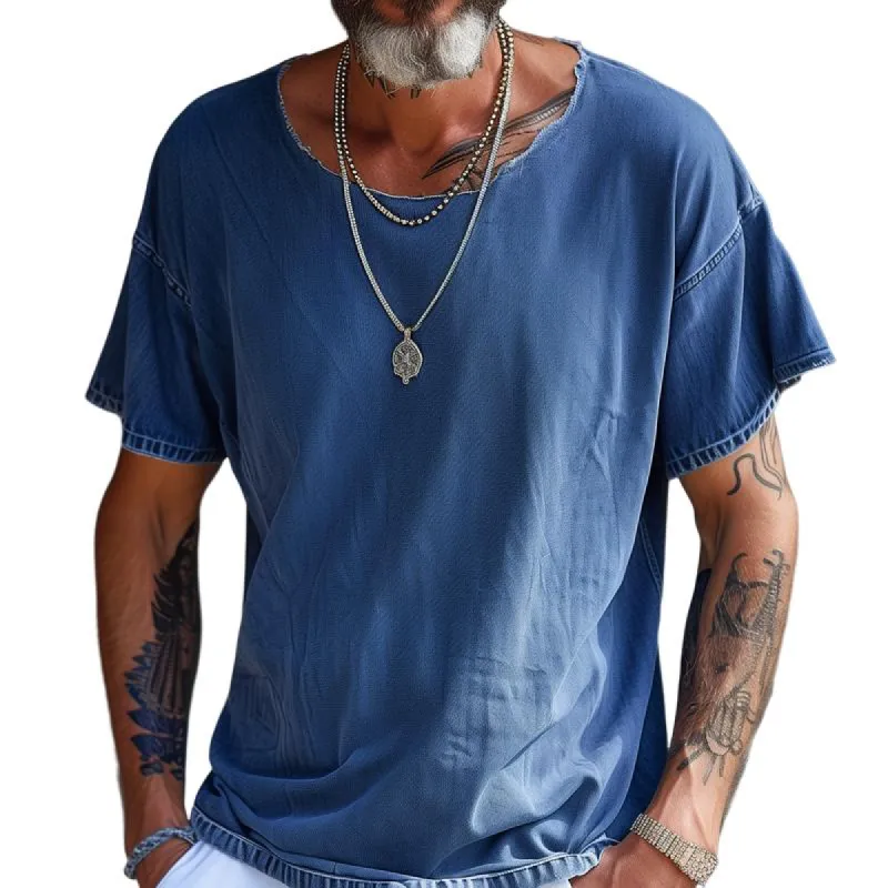 Men's Distressed Round Neck Short Sleeve Denim T-shirt 29324212Z sold by Manly