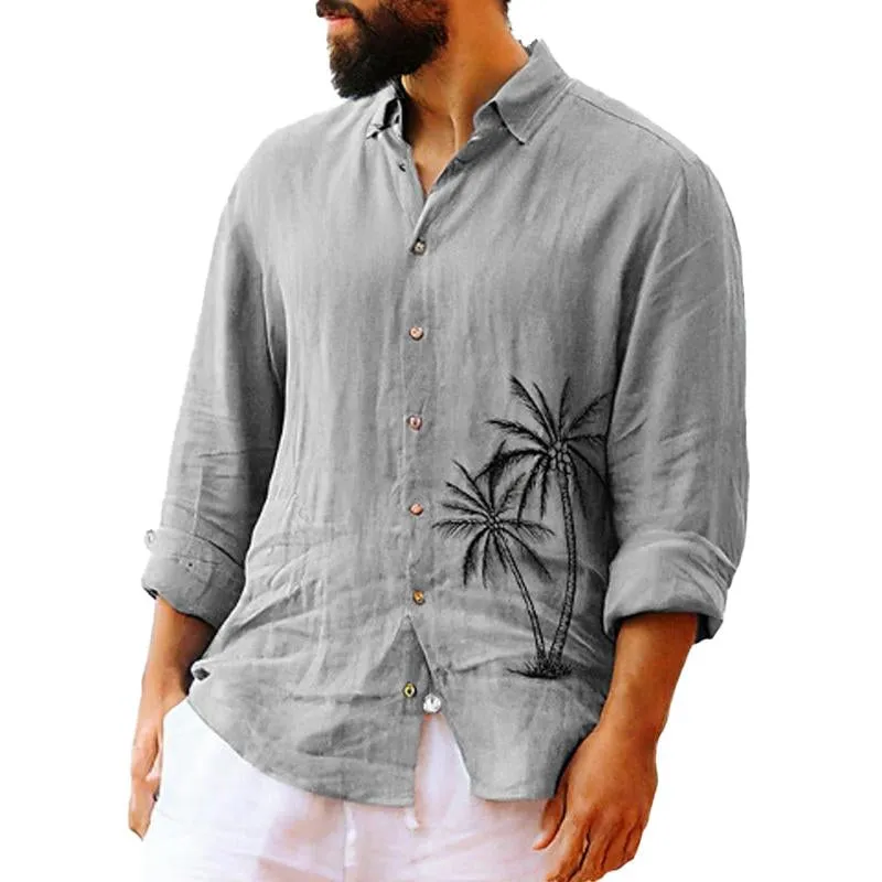 Men's Palm Tree Print Beach Vacation Lapel Long Sleeve Shirt 85345190X sold by Manly
