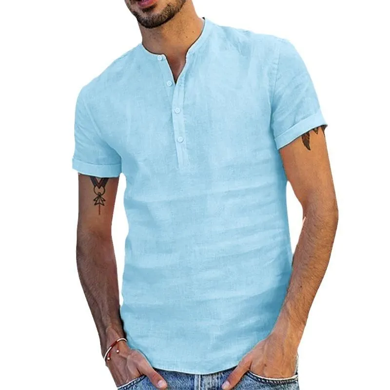 Men's Solid Color Cotton and Linen Short-sleeved Stand Collar Shirt 39749063X sold by Manly