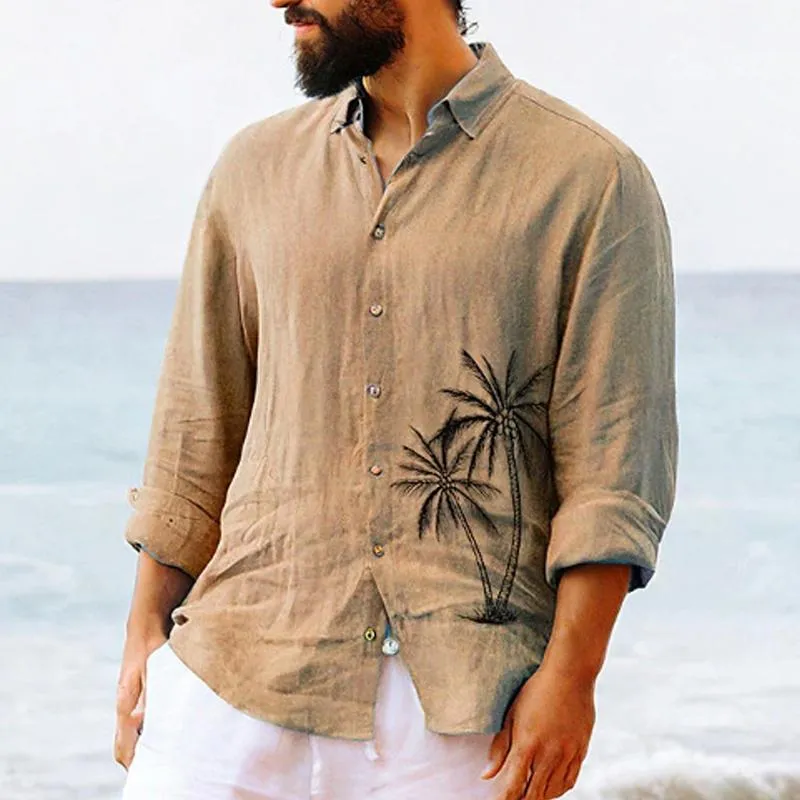 Men's Palm Tree Print Beach Vacation Lapel Long Sleeve Shirt 85345190X sold by Manly product image thumbnail 5