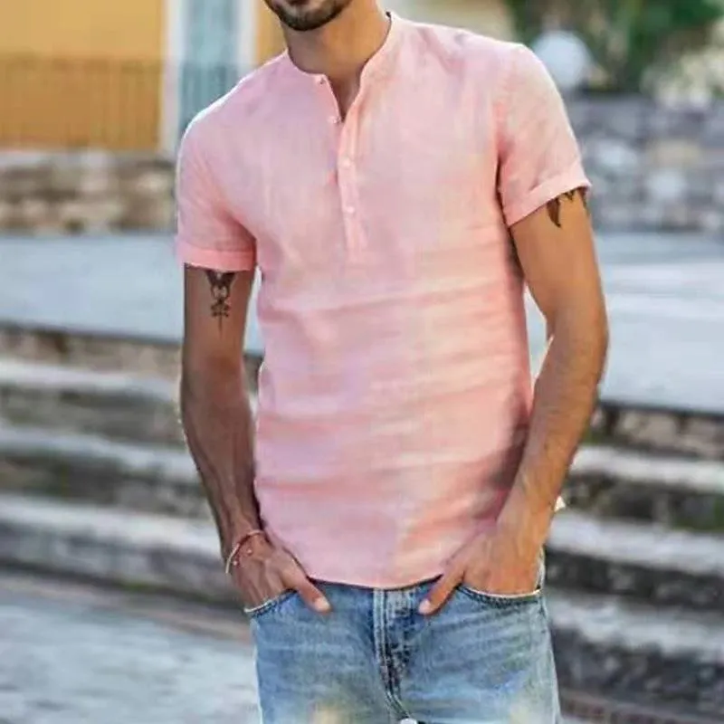 Men's Solid Color Cotton and Linen Short-sleeved Stand Collar Shirt 39749063X sold by Manly product image thumbnail 3