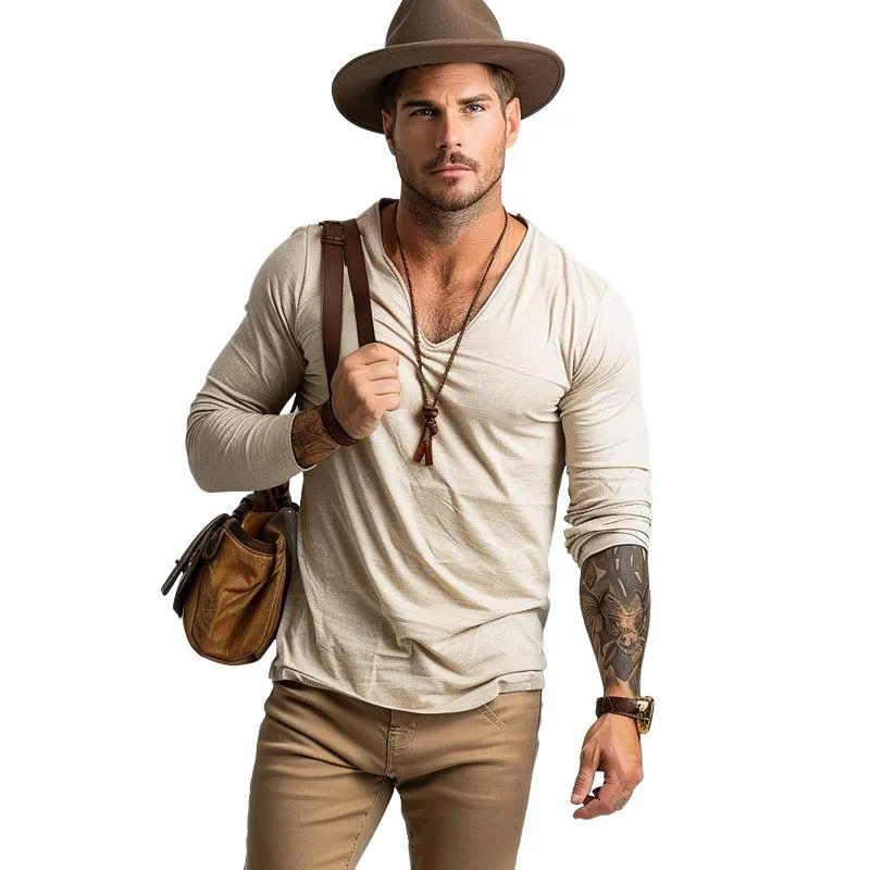 Men's Casual Cotton V-neck Slim Fit Long Sleeve T-shirt 47300902M sold by Manly