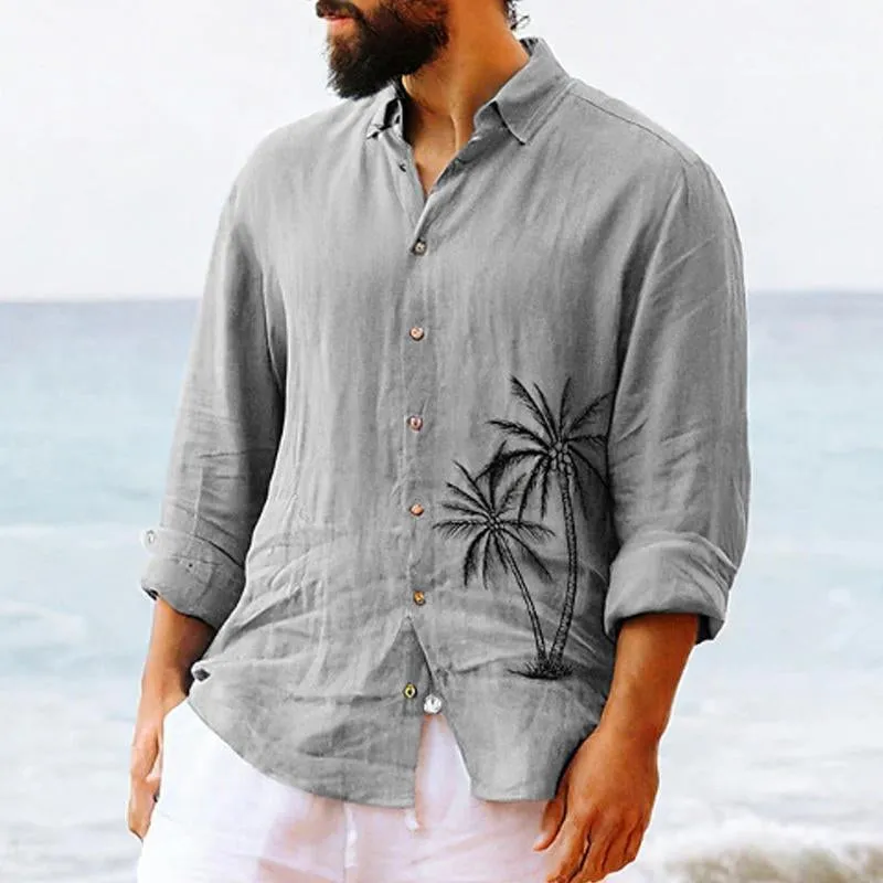 Men's Palm Tree Print Beach Vacation Lapel Long Sleeve Shirt 85345190X sold by Manly product image thumbnail 2