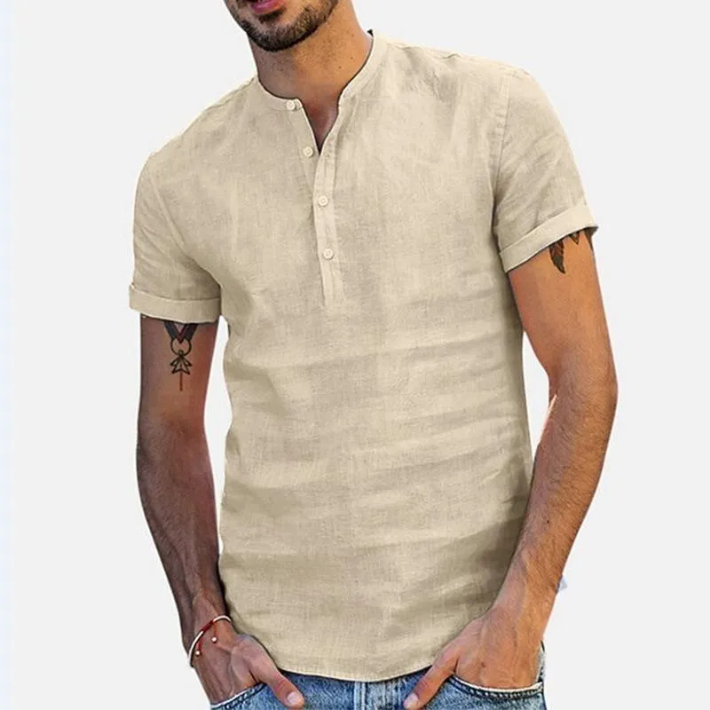 Men's Solid Color Cotton and Linen Short-sleeved Stand Collar Shirt 39749063X sold by Manly product image thumbnail 4