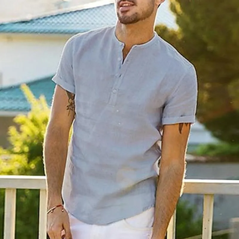 Men's Solid Color Cotton and Linen Short-sleeved Stand Collar Shirt 39749063X sold by Manly product image thumbnail 2