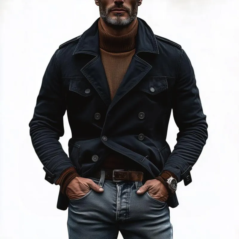 Men's Casual Outdoor Cotton Washed Notch Collar Double-breasted Trench Coat 21557092M sold by Manly product image thumbnail 2