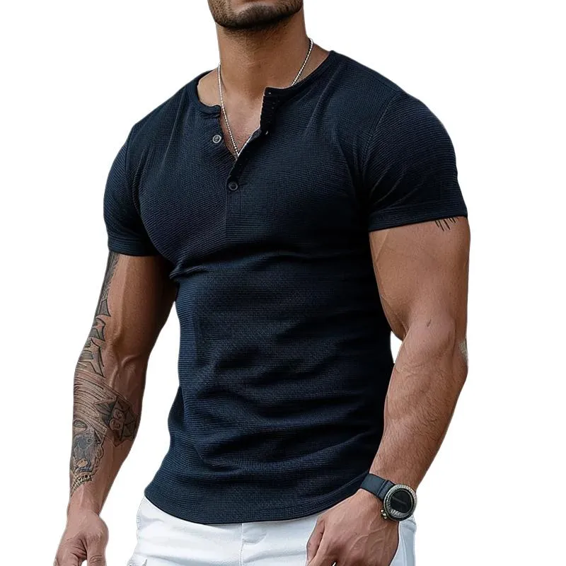 Men's Solid Color Henley Collar Slim Fit Short Sleeve T-Shirt 72599379Y sold by Manly