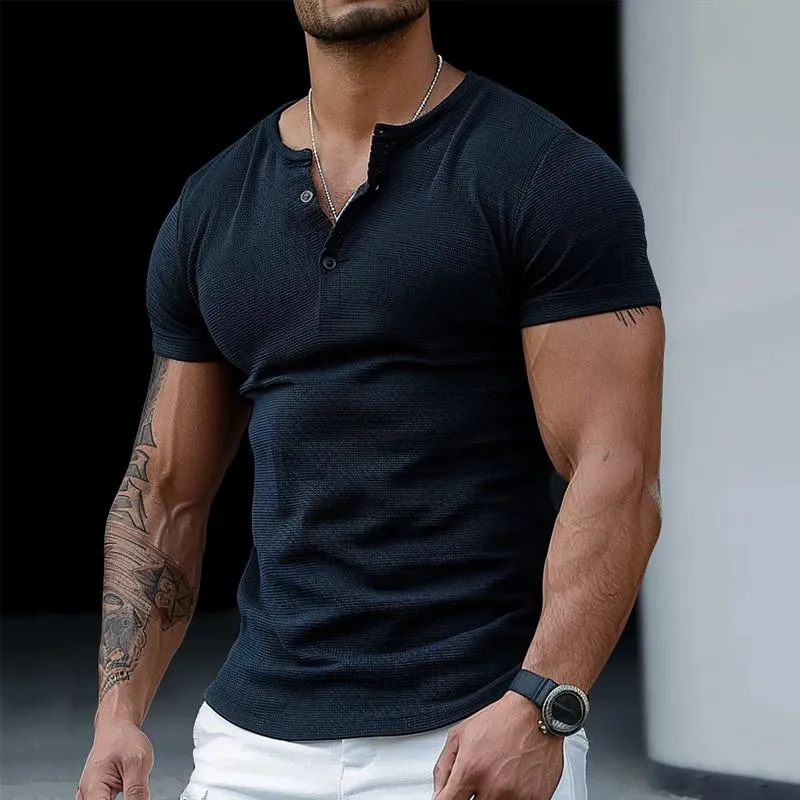 Men's Solid Color Henley Collar Slim Fit Short Sleeve T-Shirt 72599379Y sold by Manly product image thumbnail 3