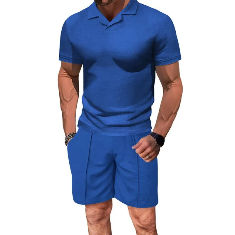 Men's Solid Color Short Sleeve Polo Shirt Shorts Set 47135503Y sold by Manly