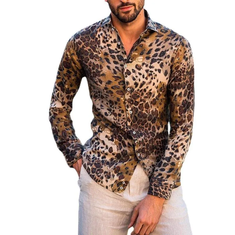 Men's Casual Leopard Print Lapel Long Sleeve Shirt 59959023Y sold by Manly