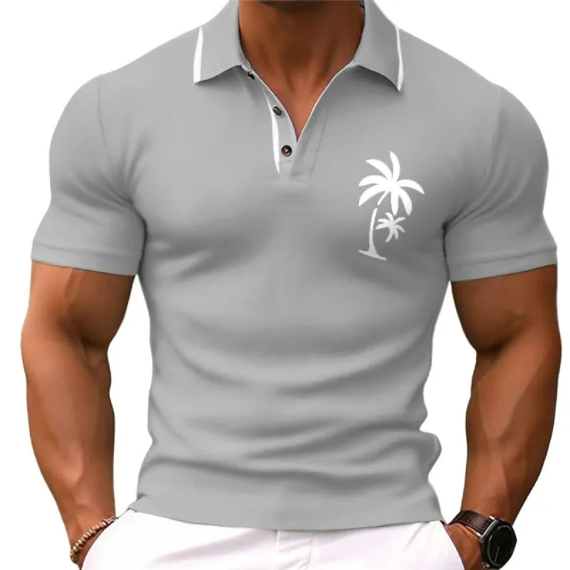 Men's Coconut Tree Print Lapel Short Sleeve Polo Shirt 09270659Z sold by Manly