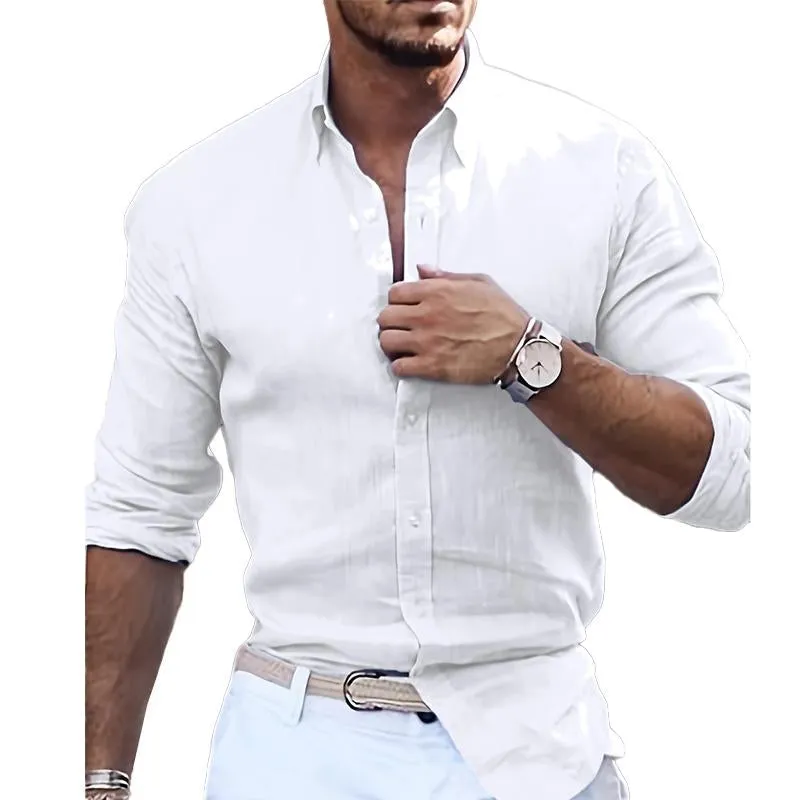 Men's Casual Cotton Linen Solid Color Long Sleeve Lapel Shirt 29530875M sold by Manly product image thumbnail 5