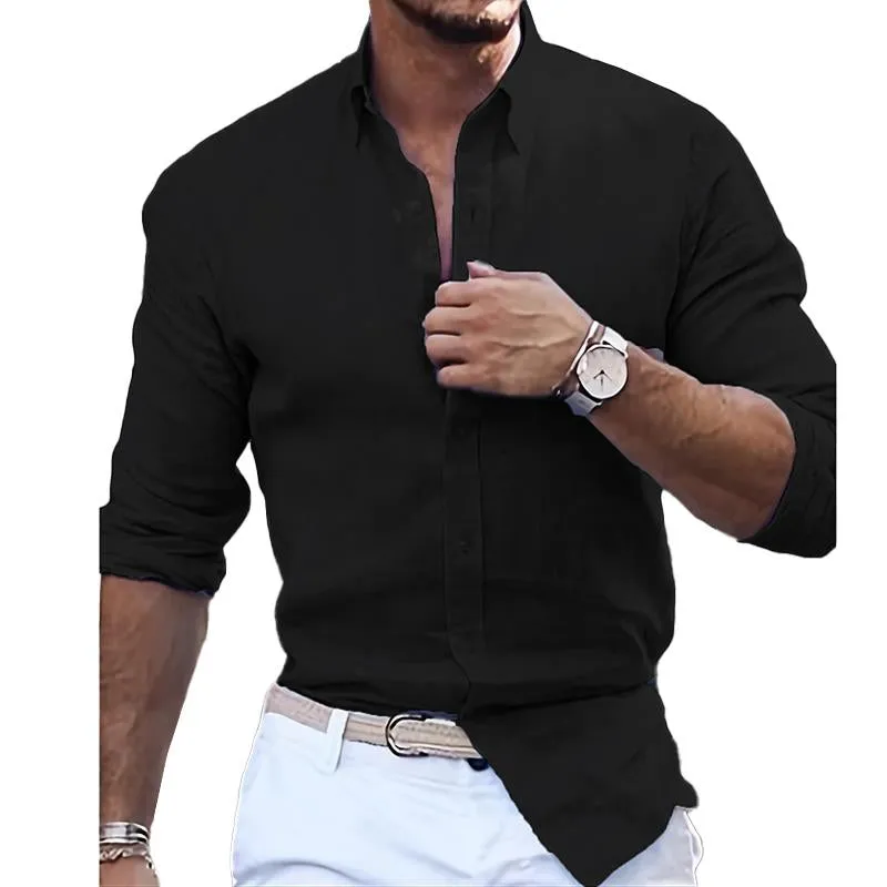 Men's Casual Cotton Linen Solid Color Long Sleeve Lapel Shirt 29530875M sold by Manly product image thumbnail 4