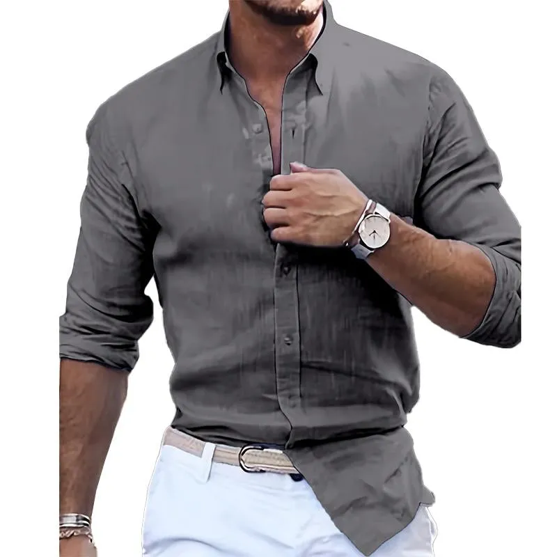 Men's Casual Cotton Linen Solid Color Long Sleeve Lapel Shirt 29530875M sold by Manly product image thumbnail 2