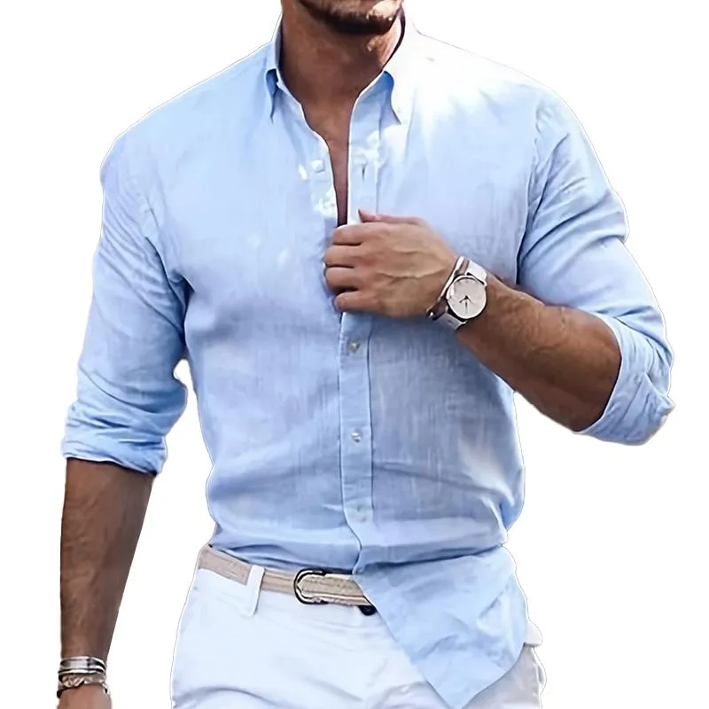 Men's Casual Cotton Linen Solid Color Long Sleeve Lapel Shirt 29530875M sold by Manly