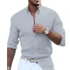 Men's Casual Cotton Linen Solid Color Long Sleeve Lapel Shirt 29530875M sold by Manly