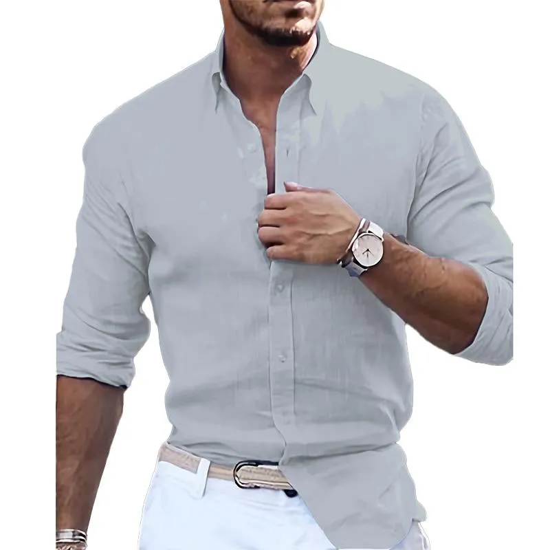 Men's Casual Cotton Linen Solid Color Long Sleeve Lapel Shirt 29530875M sold by Manly product image thumbnail 3