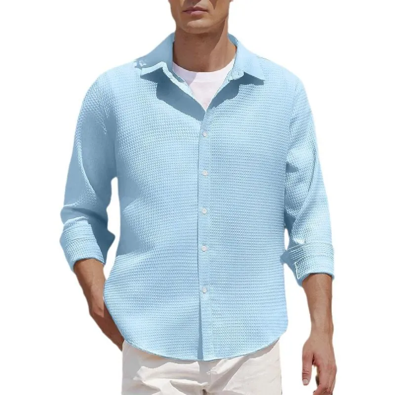 Men's Solid Color Waffle Lapel Long Sleeve Casual Shirt 46957210Z sold by Manly