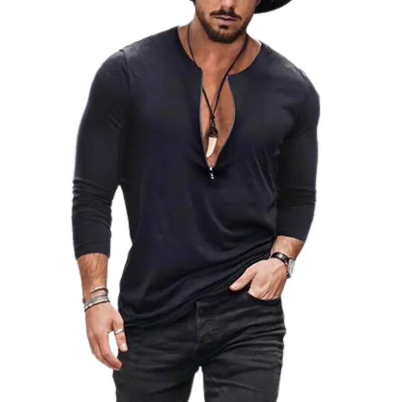Men's Casual Cotton Blended Zipper Neck Slim Fit Long Sleeve T-Shirt 70815457M sold by Manly
