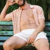 Men's Casual Striped Hollow Lapel Short Sleeved Shirt 53997689Y sold by Manly