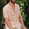 Men's Casual Striped Hollow Lapel Short Sleeved Shirt 53997689Y sold by Manly