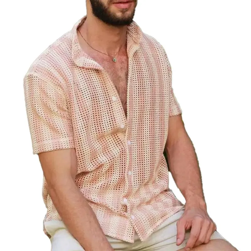 Men's Casual Striped Hollow Lapel Short Sleeved Shirt 53997689Y sold by Manly