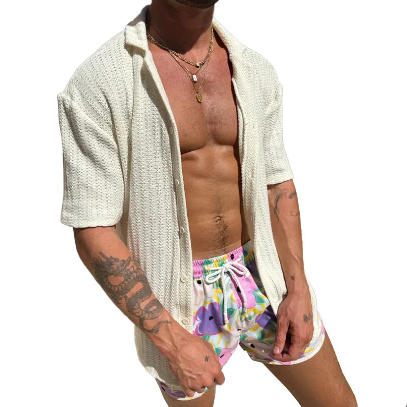 Men's Solid Knitted Lapel Short Sleeve Casual Shirt 92279703Z sold by Manly