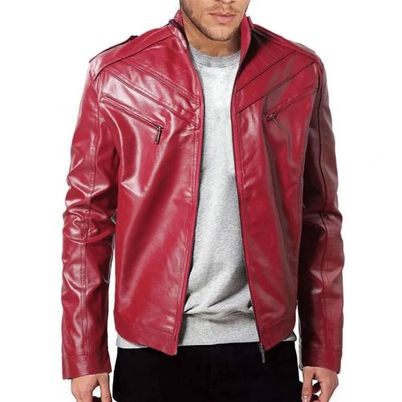 Men's Vintage Patchwork Stand Collar Zipper Motorcycle Leather Jacket 87958383M sold by Manly product image thumbnail 5