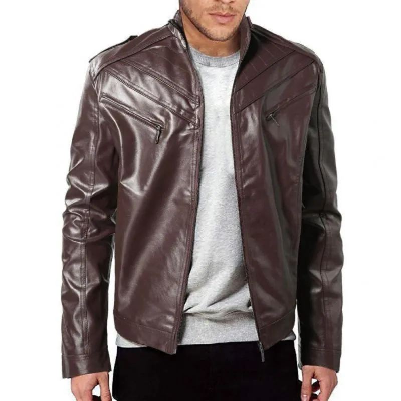 Men's Vintage Patchwork Stand Collar Zipper Motorcycle Leather Jacket 87958383M sold by Manly