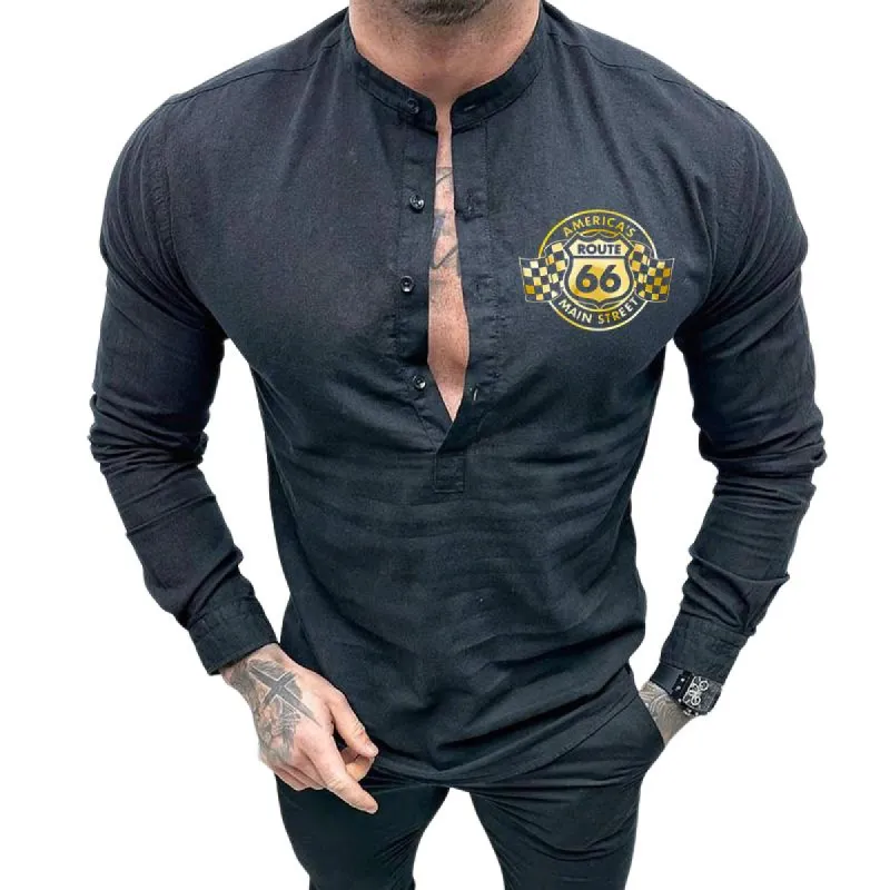 Men's Retro Casual Linen Route 66 Long Sleeve Shirt 70936185TO sold by Manly