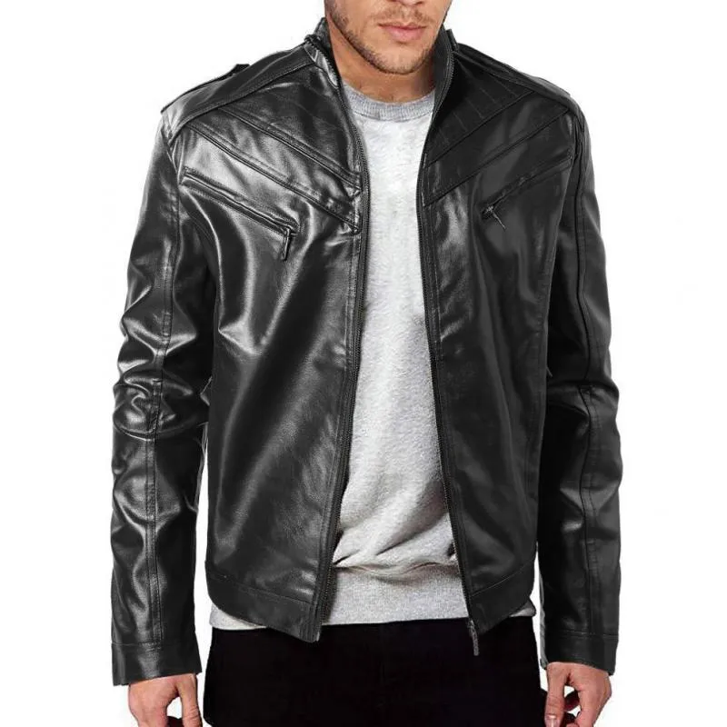 Men's Vintage Patchwork Stand Collar Zipper Motorcycle Leather Jacket 87958383M sold by Manly product image thumbnail 3