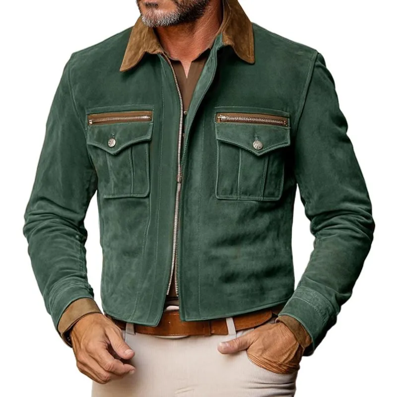 Men's Fashion Suede Colorblock Lapel Chest Pocket Zipper Cargo Jacket 72020557Z sold by Manly