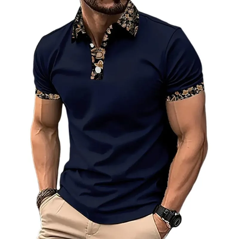 Men's Floral Patchwork Lapel Short Sleeve Casual Polo Shirt 30901548Z sold by Manly