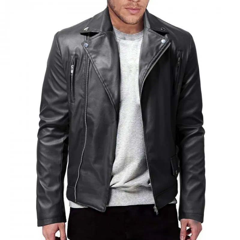 Men's Vintage Lapel Zippered Multi-Pocket Motorcycle Leather Jacket 94043086M sold by Manly