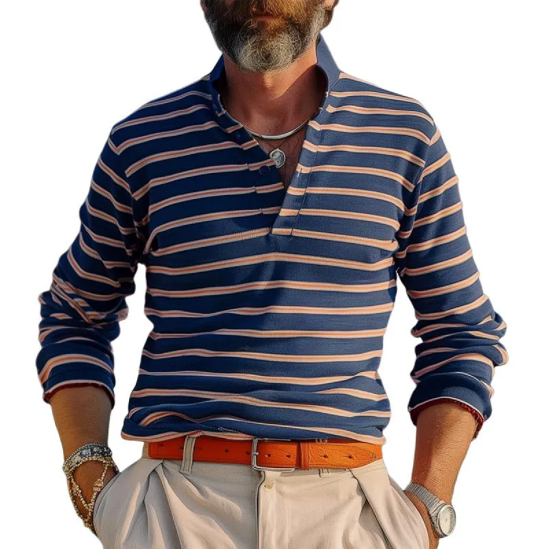 Men's Striped Lapel Long Sleeve Polo Shirt 04059651Z sold by Manly