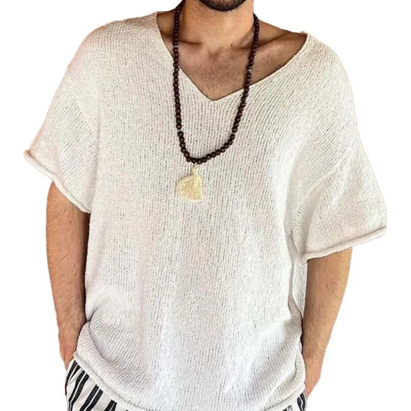 Men's Casual V-neck Loose Short-sleeved Sweater 04412762M sold by Manly