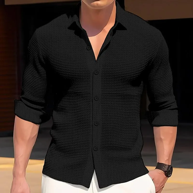 Men's Solid Waffle Lapel Long Sleeve Casual Shirt 80375944Z sold by Manly product image thumbnail 4
