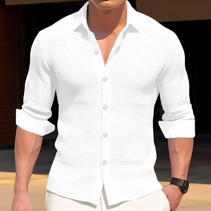 Men's Solid Waffle Lapel Long Sleeve Casual Shirt 80375944Z sold by Manly product image thumbnail 3