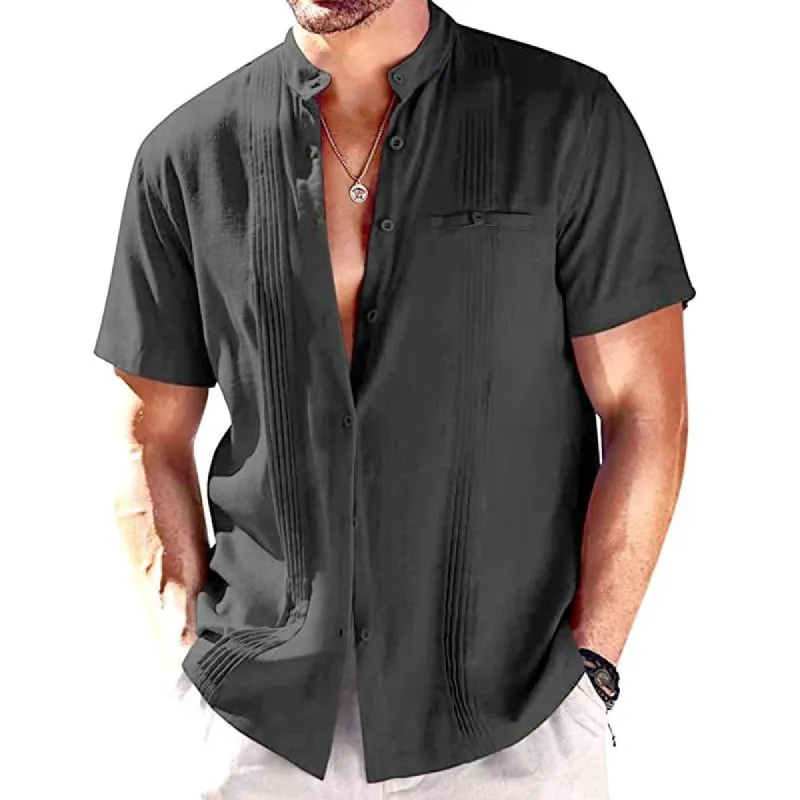 Men's Solid Color Stand Up Collar Single Breasted Pleated Short Sleeved Shirt 72330471Y sold by Manly