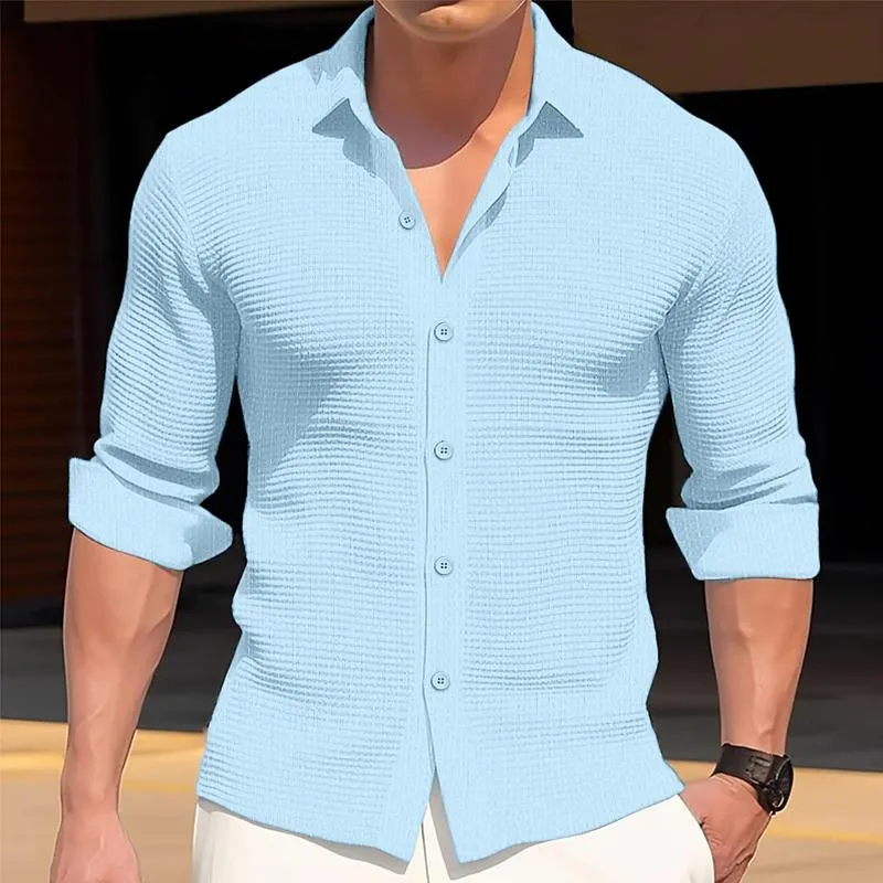 Men's Solid Waffle Lapel Long Sleeve Casual Shirt 80375944Z sold by Manly product image thumbnail 2
