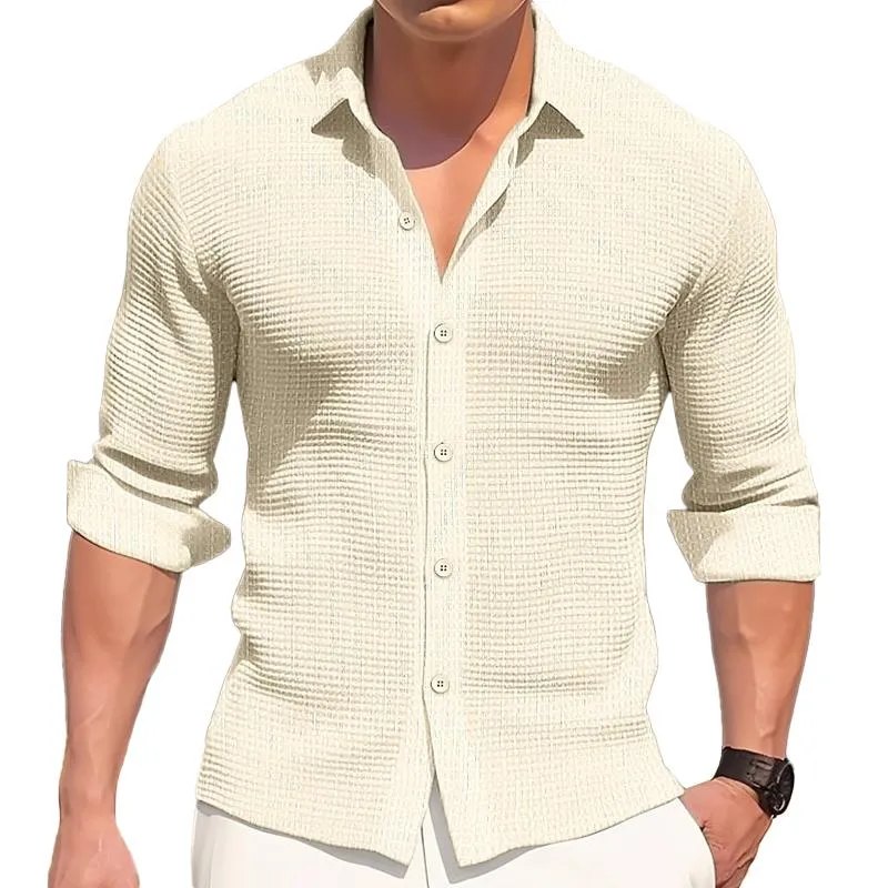 Men's Solid Waffle Lapel Long Sleeve Casual Shirt 80375944Z sold by Manly