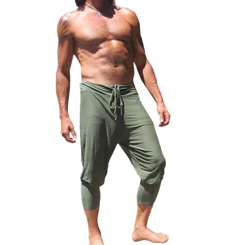 Men's Casual Solid Color Elastic Waist Loose Capri Harem Pants 41220437M sold by Manly