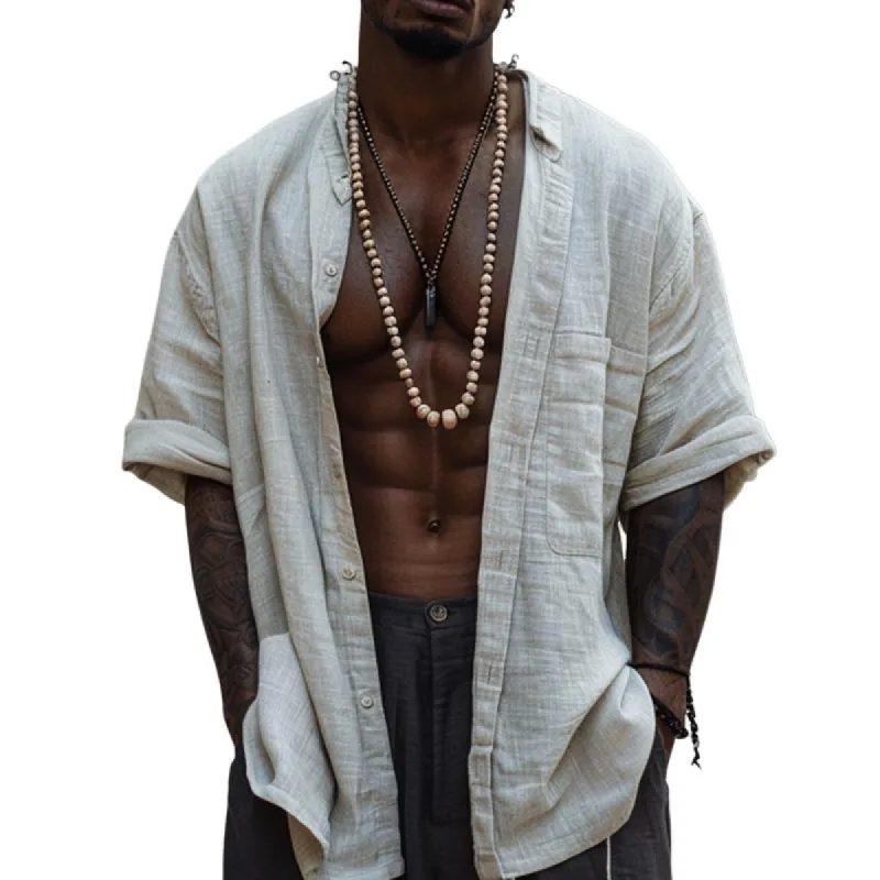 Men's Cotton and Linen Lapel Loose Shirt Jacket 78091115X sold by Manly