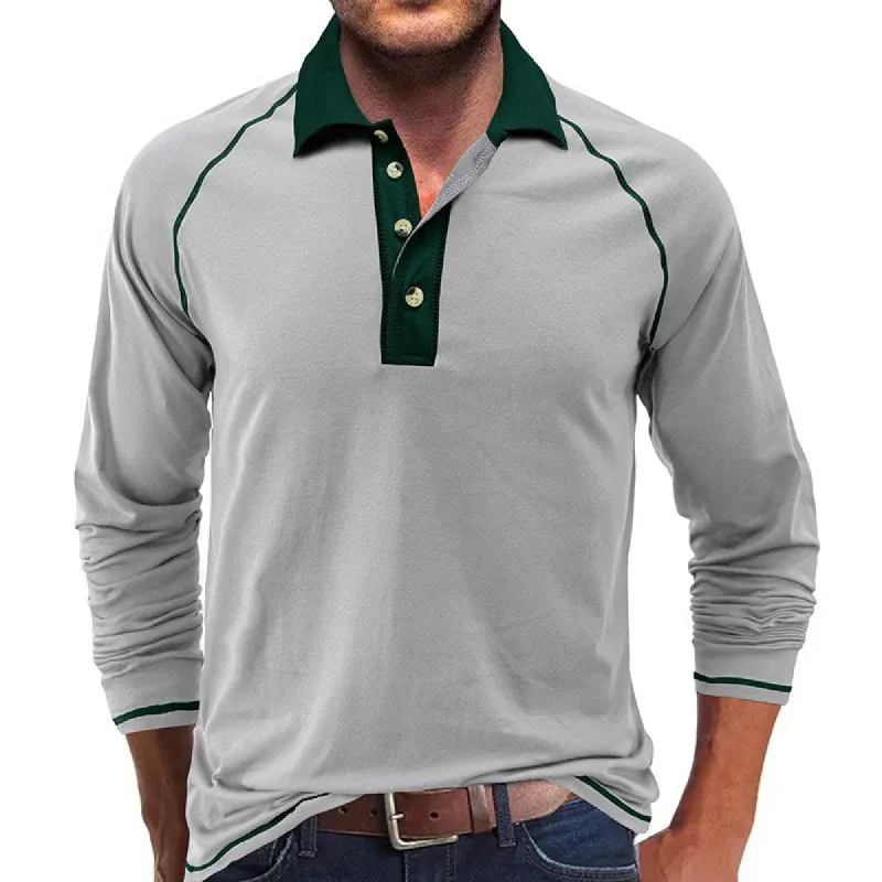 Men's Casual Color Contrasting Lapel Long Sleeve Polo Shirt 04563249M sold by Manly
