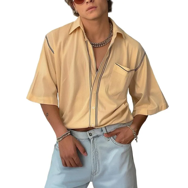 Men's Retro Casual Cotton and Linen Pocket Short Sleeve Shirt 26852275TO sold by Manly