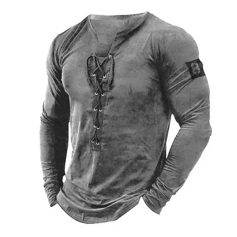 Men's Casual Solid Color Lace-up Collar Long Sleeve Henley T-Shirt 10970904M sold by Manly