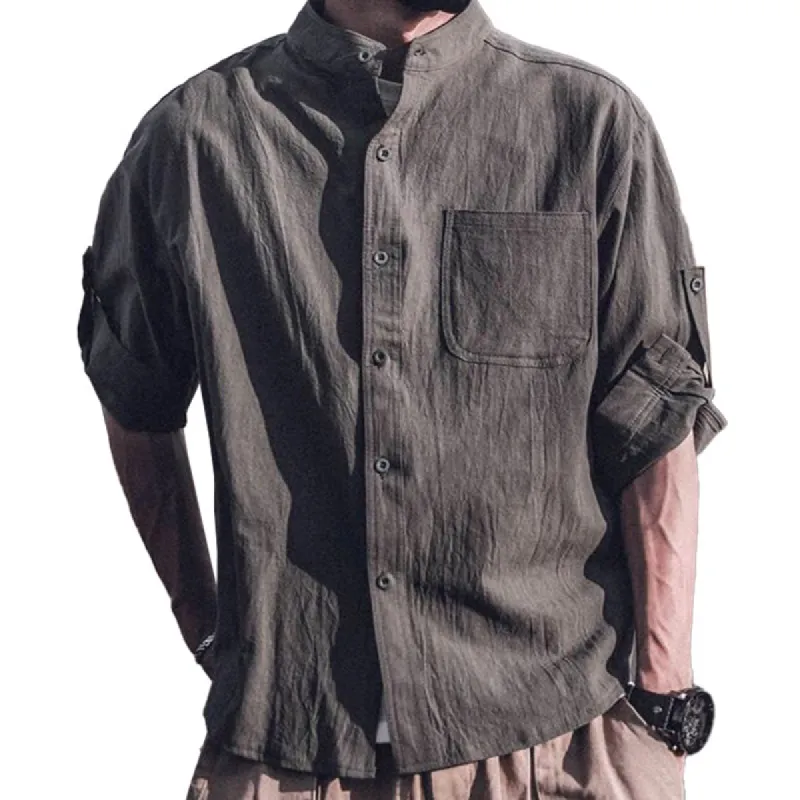 Men's Casual Solid Color Cotton Linen Stand Collar Loose Three Quarter Sleeve Shirt 00592396M sold by Manly