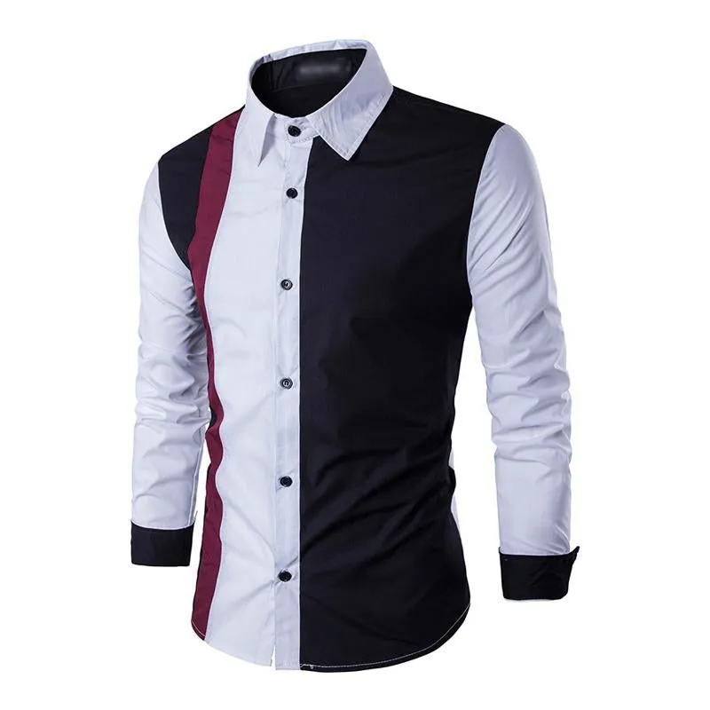 Men's Fashionable Contrast Color Splicing Lapel Slim Fit Long Sleeve Shirt 09785765M sold by Manly